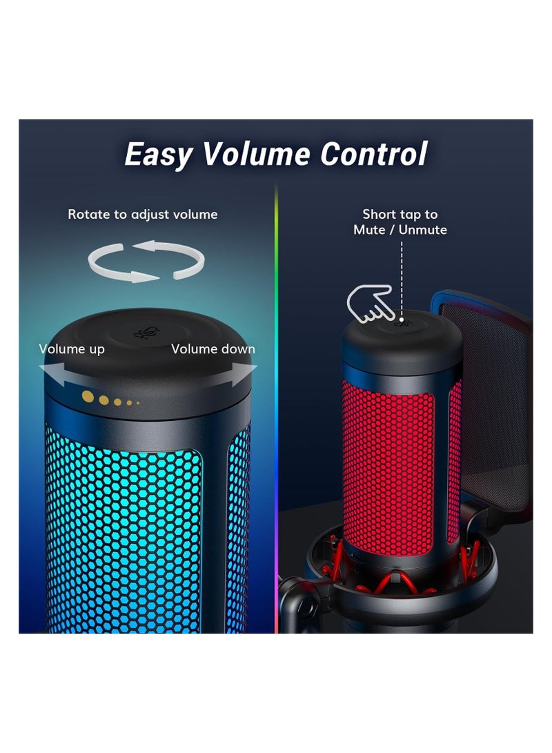 Gaming Mic, USB Microphone for PC Computer, Cardioid Condenser Mic with Adjustable RGB Modes & Brightness, Quick Mute, Gain Control, for Streaming, Podcasting, Recording, PS4/5 Desktop Mic TC310