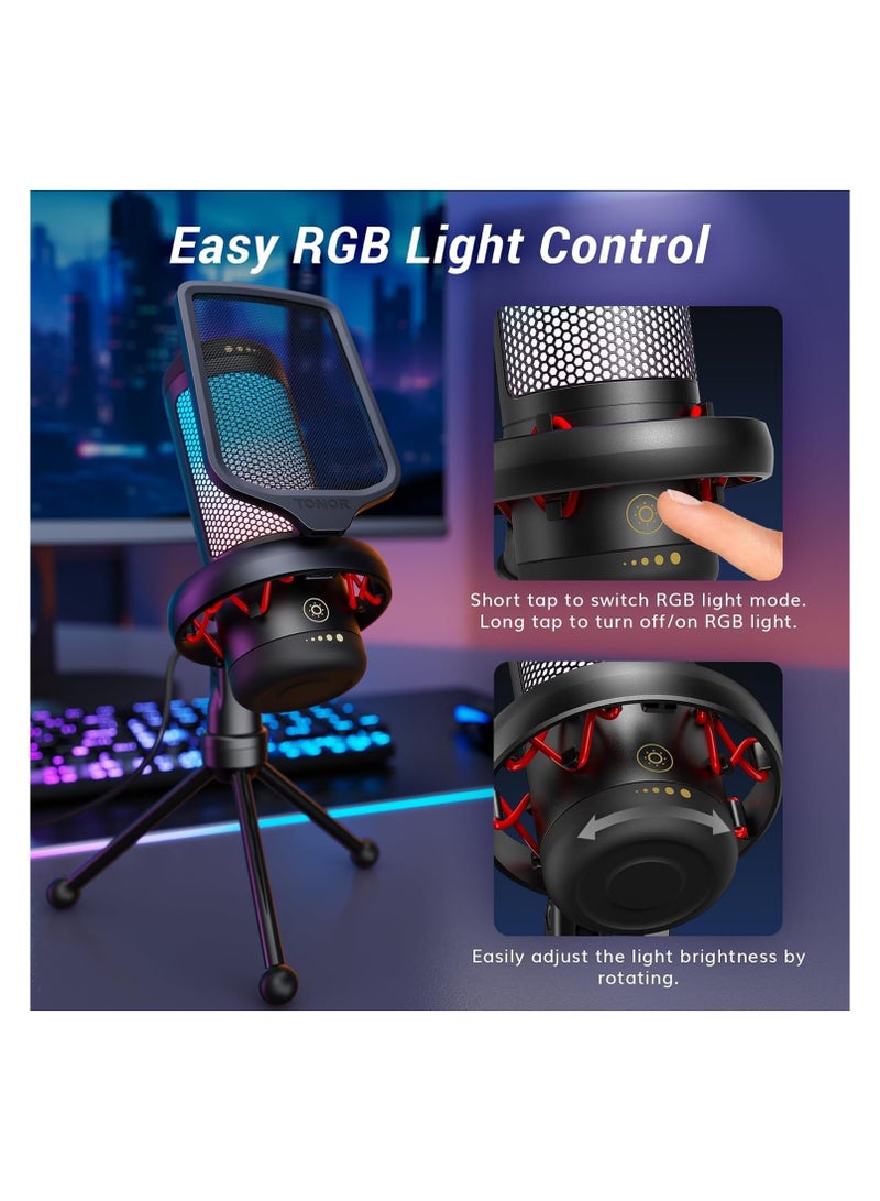 Gaming Mic, USB Microphone for PC Computer, Cardioid Condenser Mic with Adjustable RGB Modes & Brightness, Quick Mute, Gain Control, for Streaming, Podcasting, Recording, PS4/5 Desktop Mic TC310