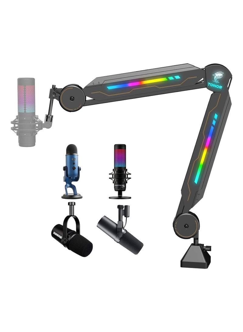 Gaming Microphone Arm with RGB Light TONOR Microphone Arm Lights Touch Adjustable Microphone Holder with 11 Light Effect Modes for Gamers Compatible with HyperX QuadCast Blue Yeti Rode Elgato