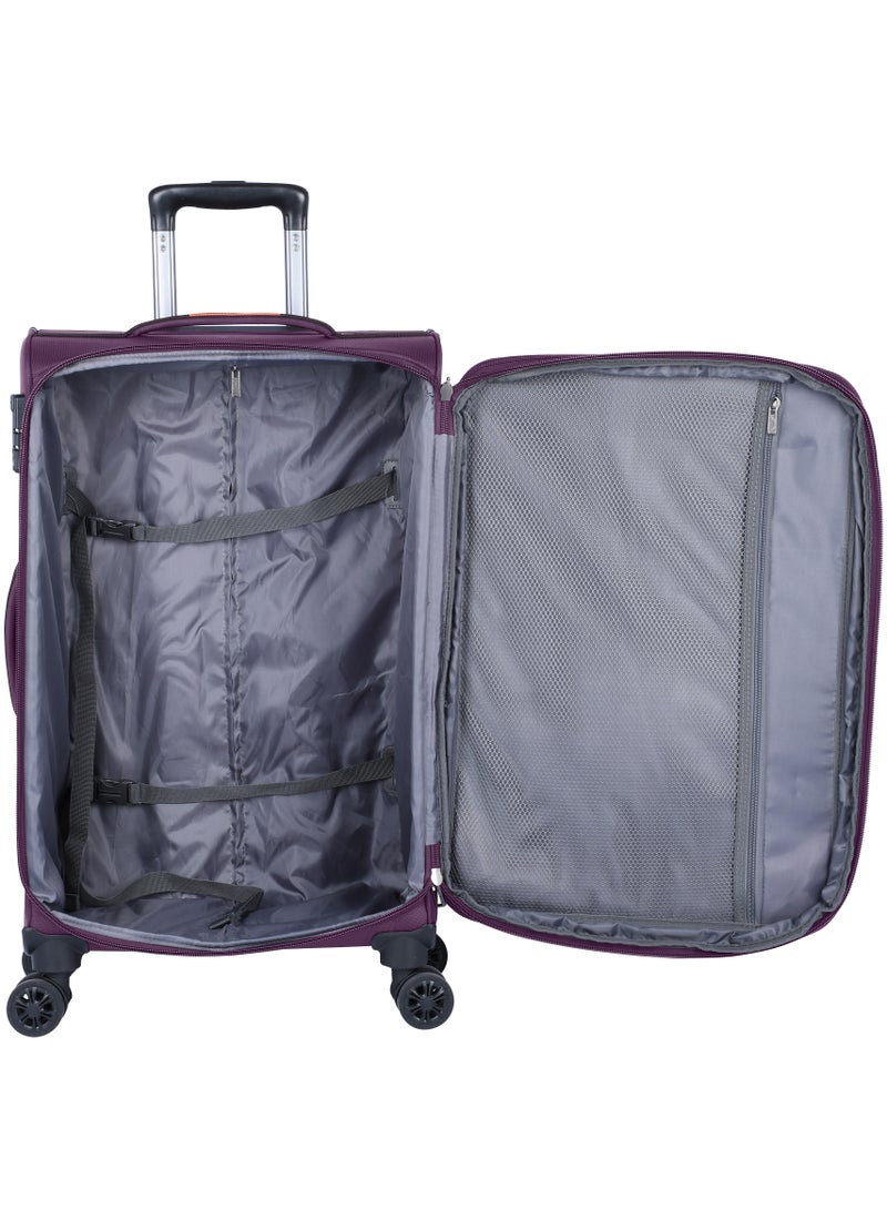 Unisex Soft Travel Bag Large Luggage Trolley Polyester Lightweight Expandable 4 Double Spinner Wheeled Suitcase with 3 Digit TSA lock E751 Purple