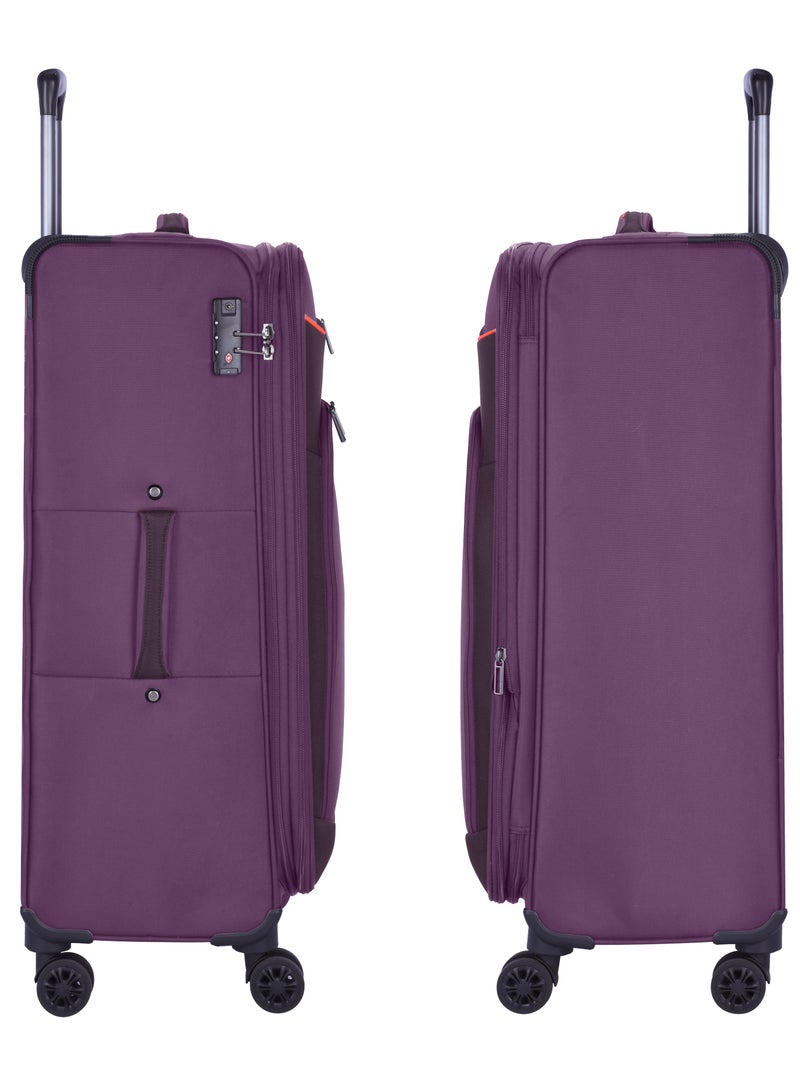 Unisex Soft Travel Bag Large Luggage Trolley Polyester Lightweight Expandable 4 Double Spinner Wheeled Suitcase with 3 Digit TSA lock E751 Purple