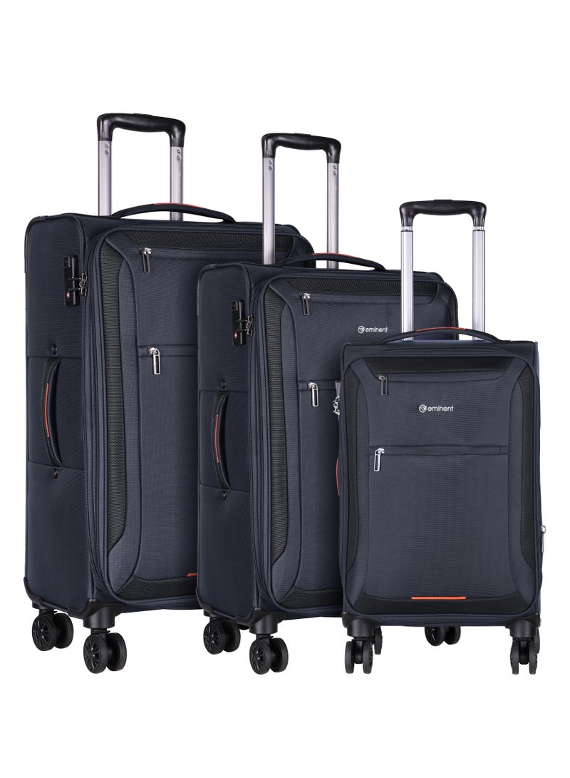 Unisex Soft Travel Bag Trolley Luggage Set of 3 Polyester Lightweight Expandable 4 Double Spinner Wheeled Suitcase with 3 Digit TSA lock E751 Black