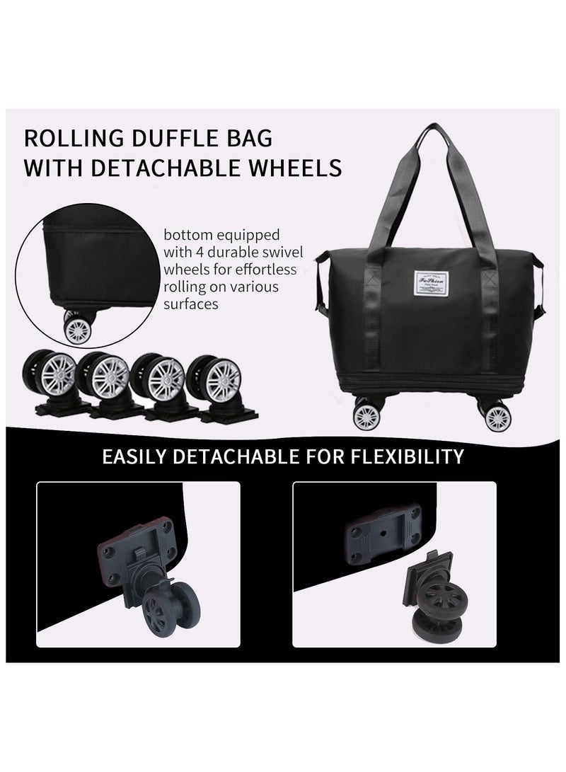 Rolling Duffle Bag with Wheels,Expandable Carry On Luggage Bag with Wheels,Foldable Duffle Bag for Travel,Weekend Bag for Women,Travel Duffel Bag with Spinner Wheels,Large Gym Bag (Black)