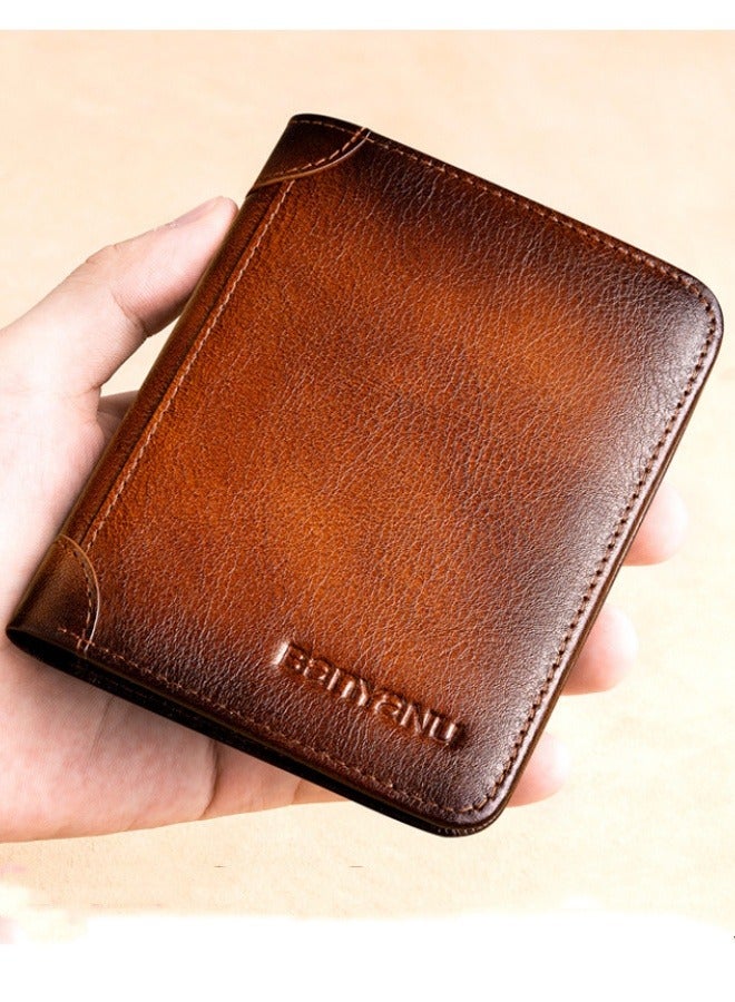 Portable Business Men's Genuine Leather Anti-theft Brush Ultra-thin Multi-card Slot Short Wallet Cash clip wallet brown