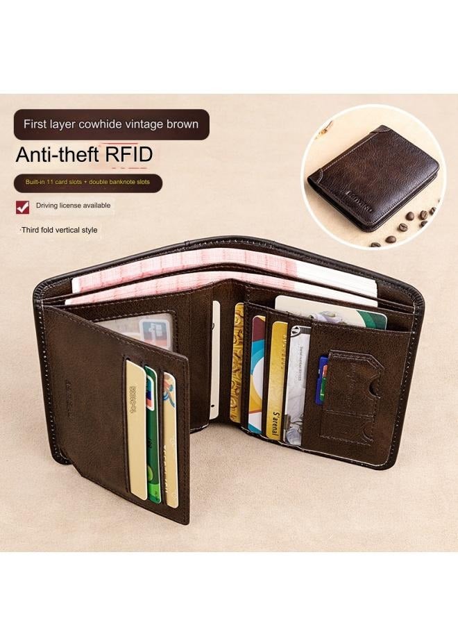 Portable Business Men's Genuine Leather Anti-theft Brush Ultra-thin Multi-card Slot Short Wallet Wallet wallet Brown