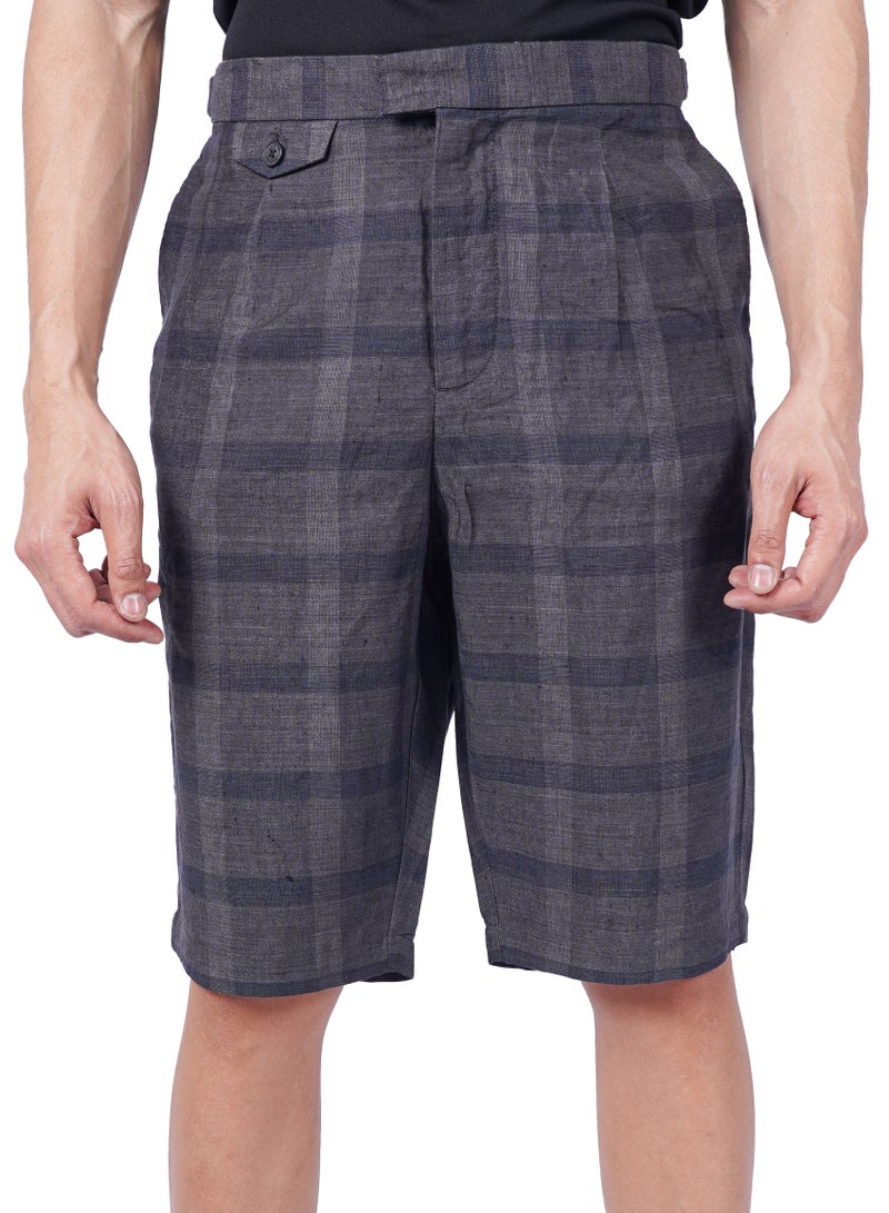 Men's Check Stretchy Flat Front Short in Dark Grey