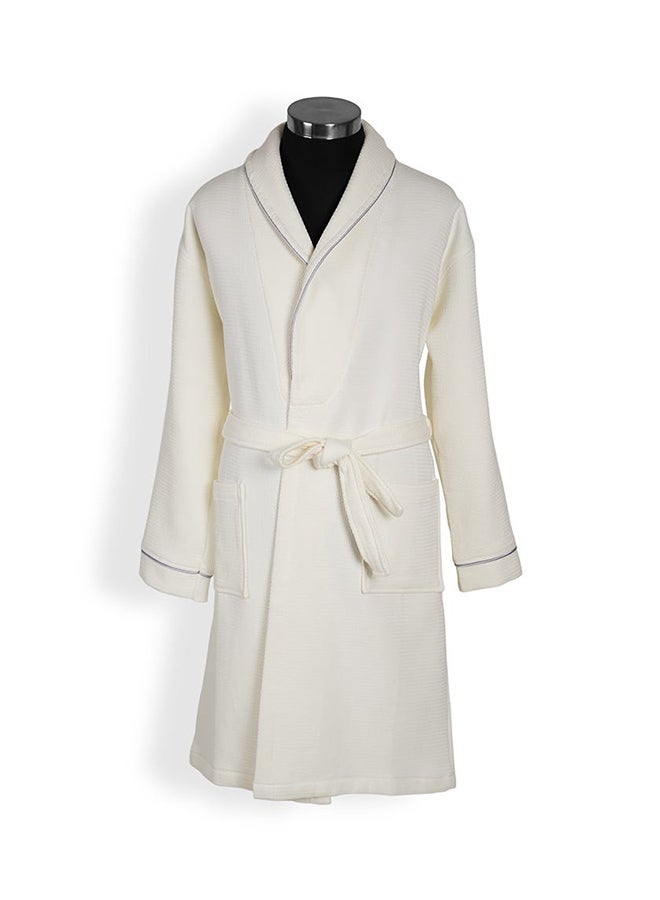 Waffle Trimmed Robe, Off-White & Silver
