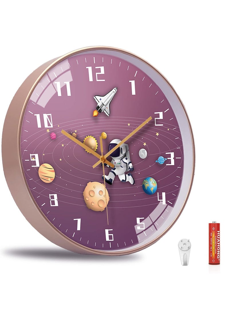 Kids Wall Clock, 12 Inch Silent Movement Round Battery Operated Space Travel Style Decor Children Clock for Boys (Purple)