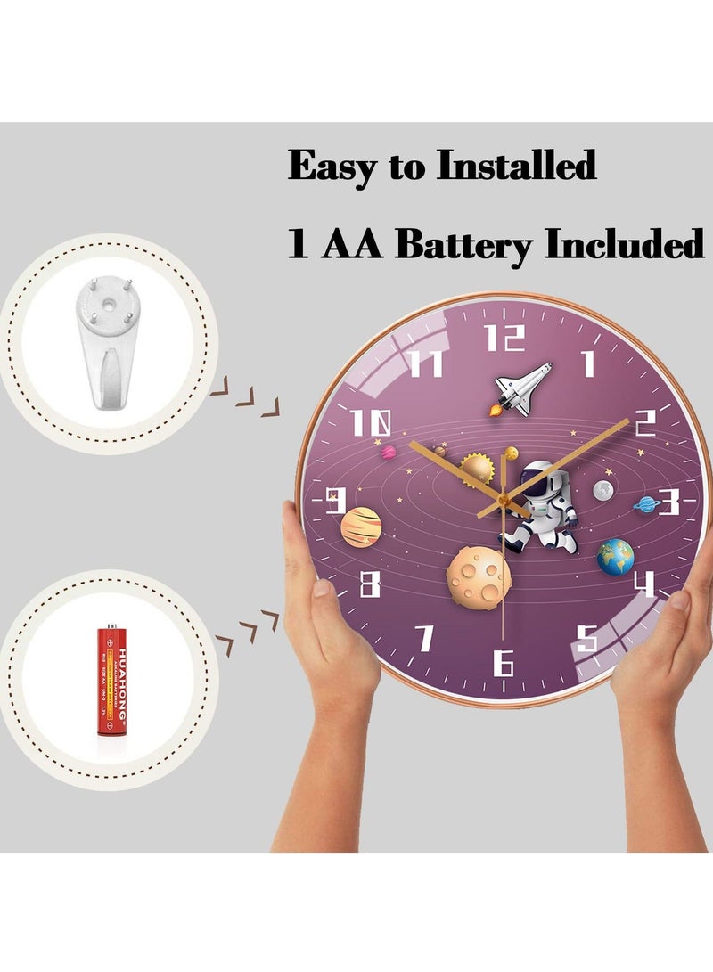 Kids Wall Clock, 12 Inch Silent Movement Round Battery Operated Space Travel Style Decor Children Clock for Boys (Purple)