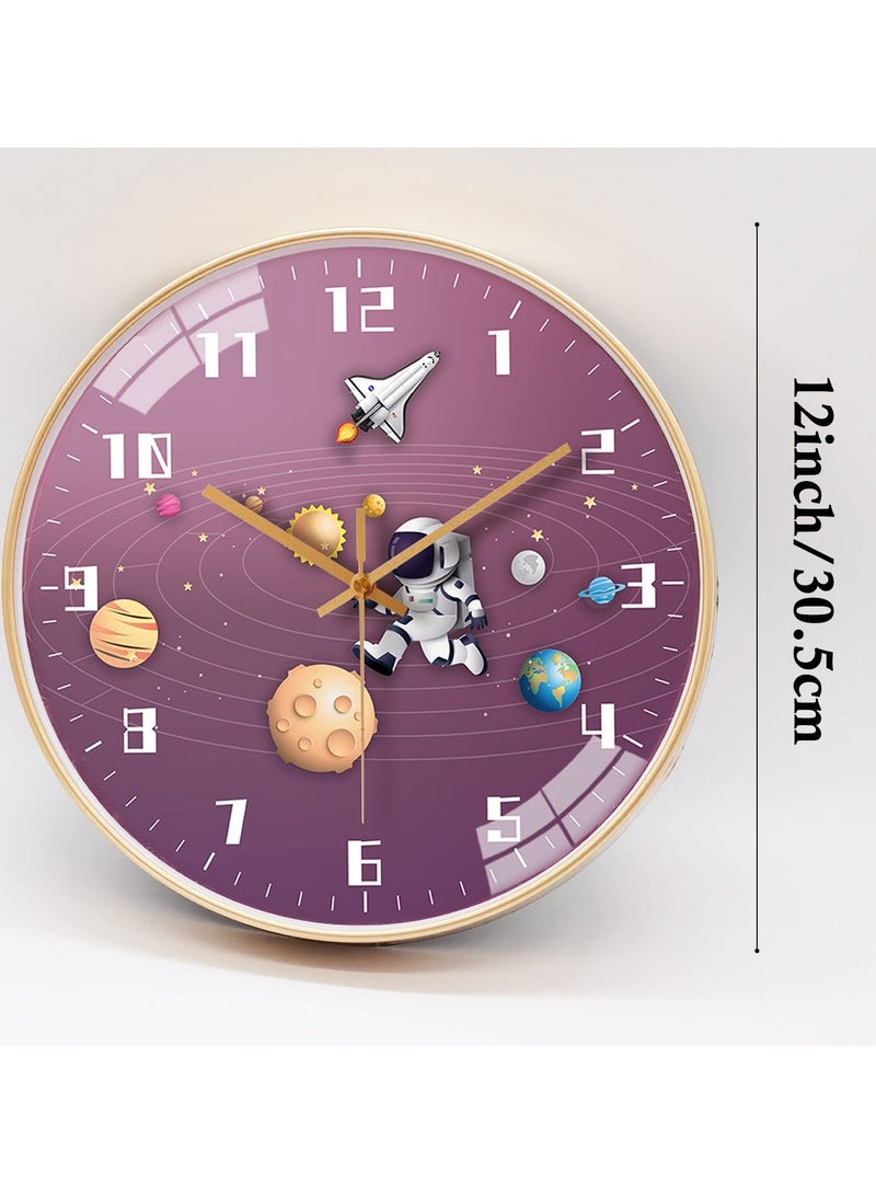 Kids Wall Clock, 12 Inch Silent Movement Round Battery Operated Space Travel Style Decor Children Clock for Boys (Purple)