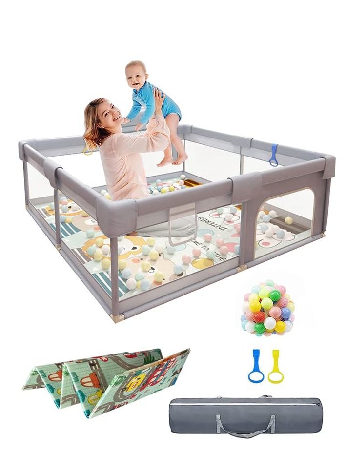 Baby Playpen, Baby fence with playing mat Toddler Fence with Anti-Slip Suckers Portable Activity Center with Balls(Grey)