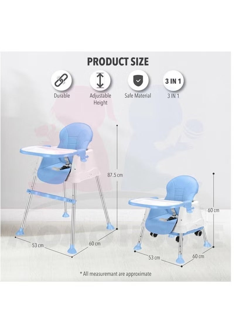 3 in 1 Adjustable Height Convertible Baby High Chair and Feeding Booster Seat for Kids Toddle with Footrest, Wheels, Cushion