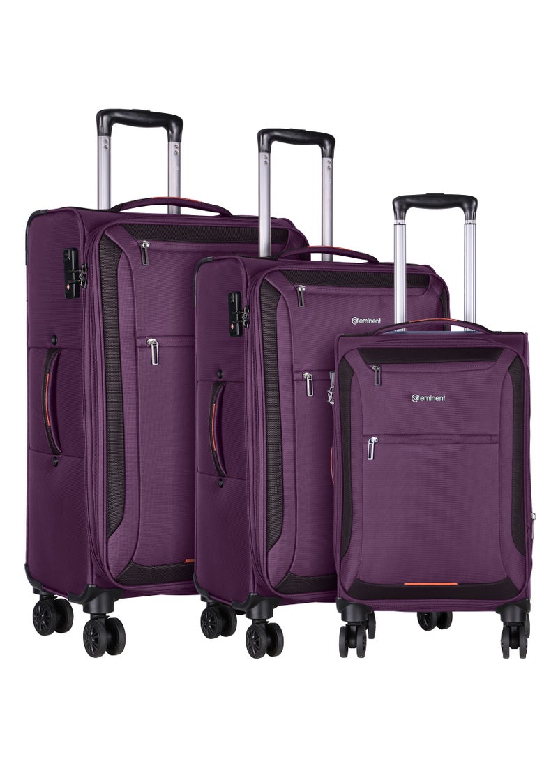 Unisex Soft Travel Bag Trolley Luggage Set of 3 Polyester Lightweight Expandable 4 Double Spinner Wheeled Suitcase with 3 Digit TSA lock E751 Purple