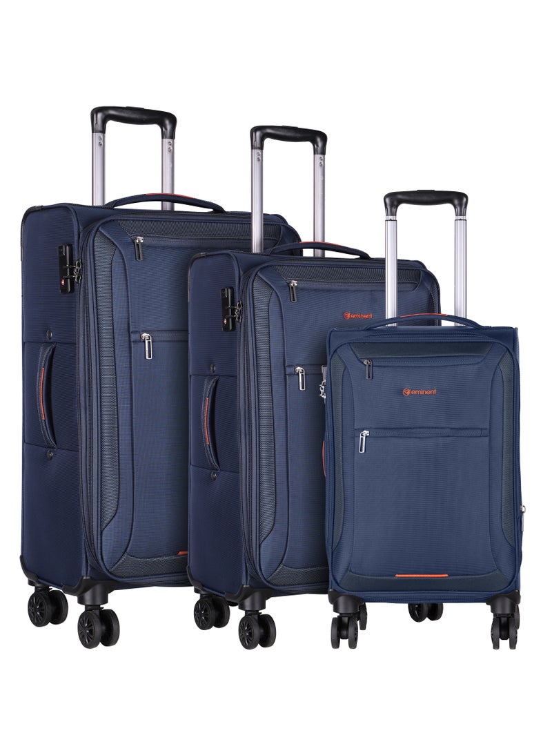 Unisex Soft Travel Bag Trolley Luggage Set of 3 Polyester Lightweight Expandable 4 Double Spinner Wheeled Suitcase with 3 Digit TSA lock E751 Navy Blue