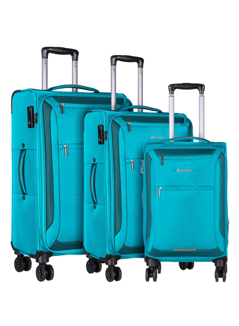 Unisex Soft Travel Bag Trolley Luggage Set of 3 Polyester Lightweight Expandable 4 Double Spinner Wheeled Suitcase with 3 Digit TSA lock E751 Green