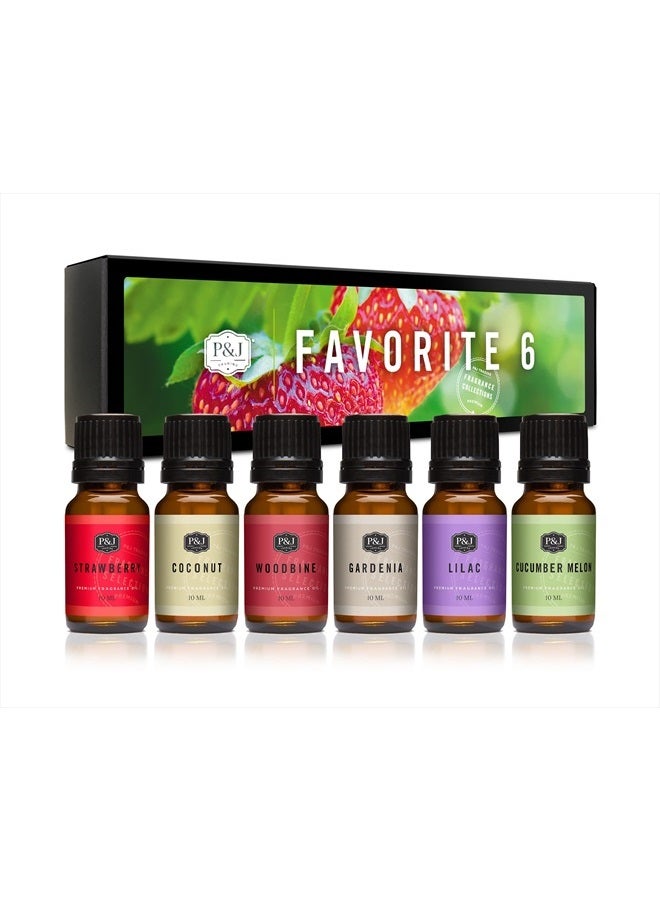 P&J Fragrance Favorites Set | Strawberry, Lilac, Cucumber Melon, Coconut, Gardenia, Woodbine Scents for Candle, Soap & Diffuser Oil Making