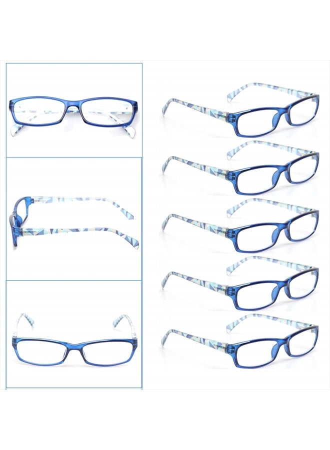 Reading Glasses 5 Pairs Fashion Ladies Readers Spring Hinge with Pattern Print Eyeglasses for Women (5 Pack Blue, 1.50)