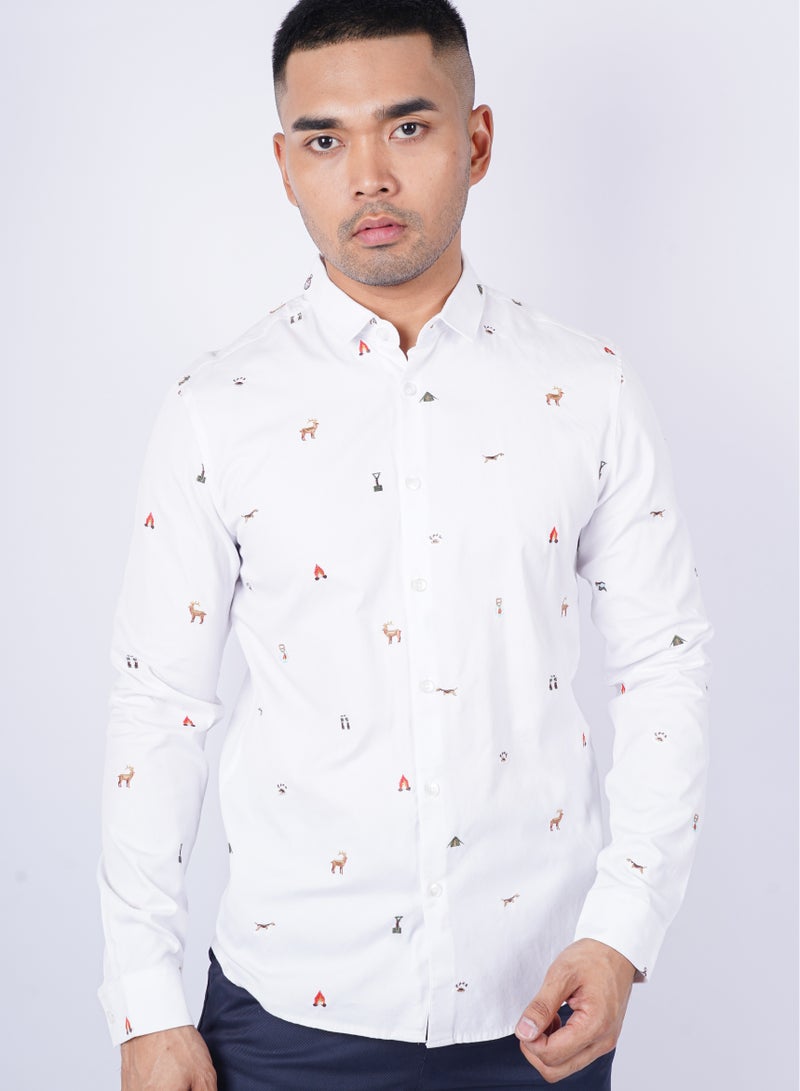 Men's Casual Embroidered Shirt in Optic White