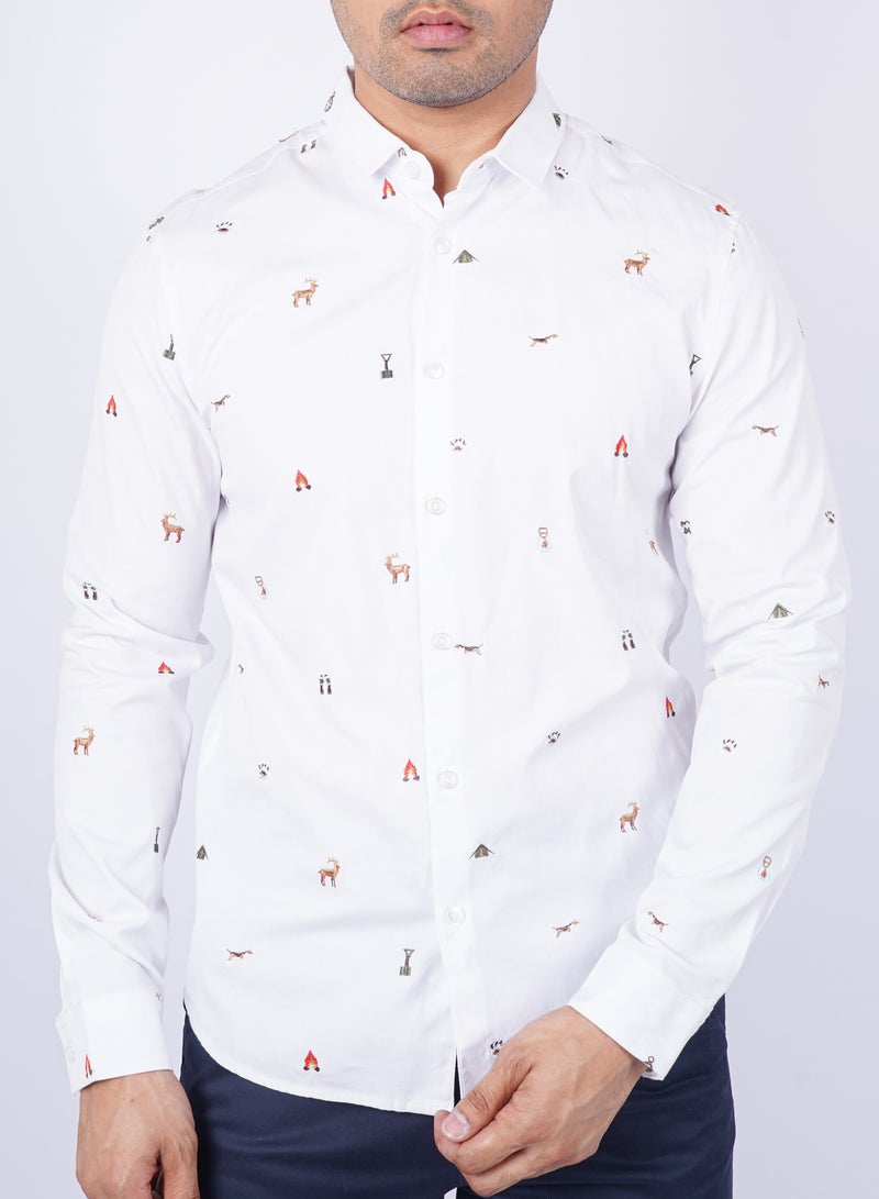 Men's Casual Embroidered Shirt in Optic White