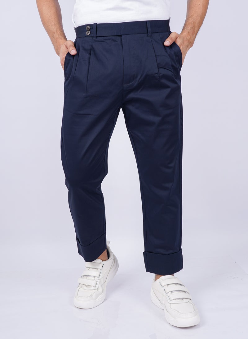 Men's Plain Casual Chino Pleat Front Pants in Electric Blue