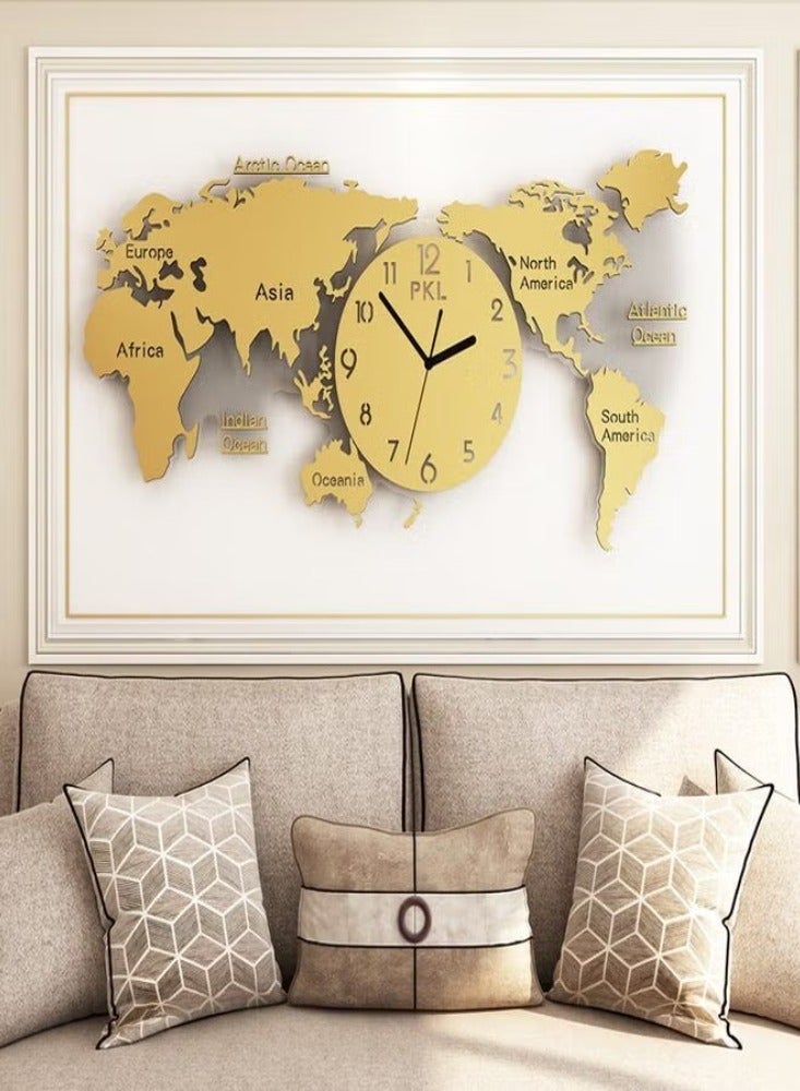 3D World Map Acrylic Large Wall Clock for Home Decoration Golden DIY Golden