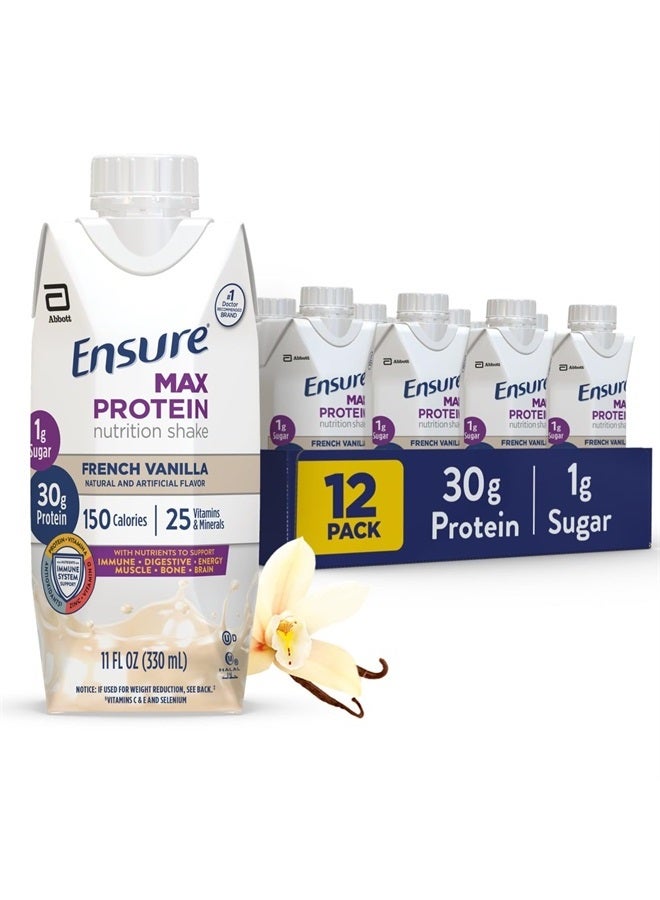 Max Protein Nutrition Shake with 30g of Protein, 1g of Sugar, High Protein Shake, French Vanilla, Liquid, 11 fl oz (Pack of 12)