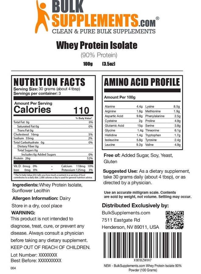 Whey Protein Isolate Powder - Unflavored Protein Powder, Whey Isolate Protein Powder - Whey Protein Powder, Gluten Free, 30g per Serving, 100g (3.5 oz) (Pack of 1)