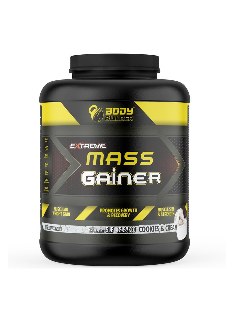 Body Builder Extreme Mass Gainer - Weight Gainer with 36g Protein, 8.3g BCAA, 142g Carb and 50mg Enzymes - Cookies and Cream, 5 LB