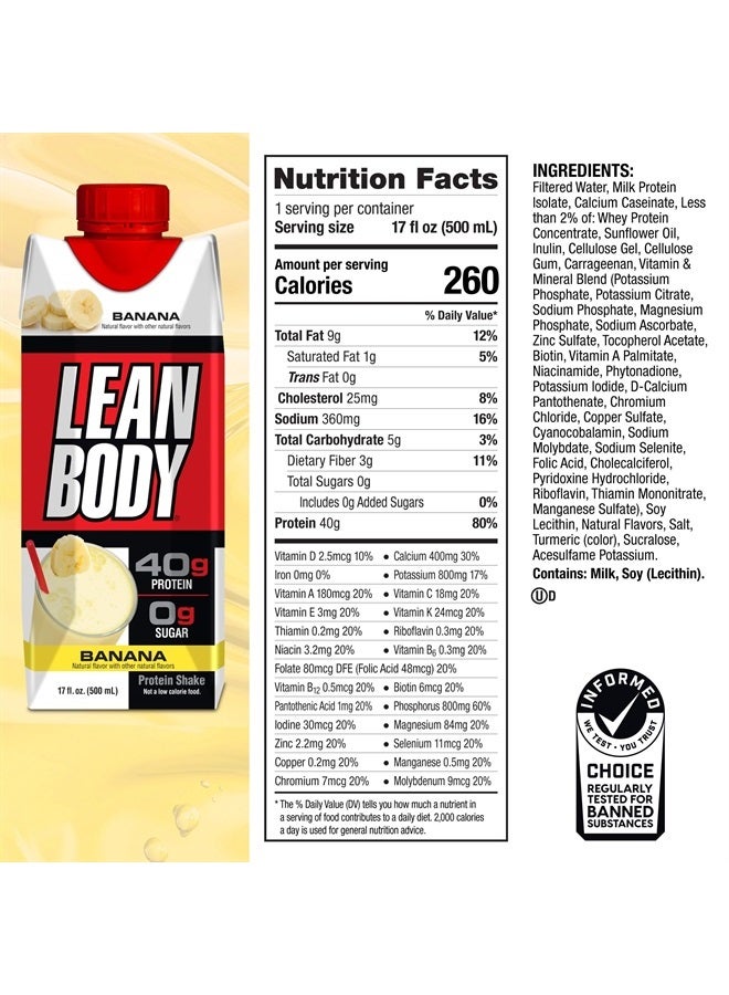 Lean Body Ready-to-Drink Banana Protein Shake, 40g Protein, Whey Blend, 0 Sugar, Gluten Free, 22 Vitamins & Minerals, 17 Ounce (Recyclable Carton & Lid - Pack of 12) LABRADA