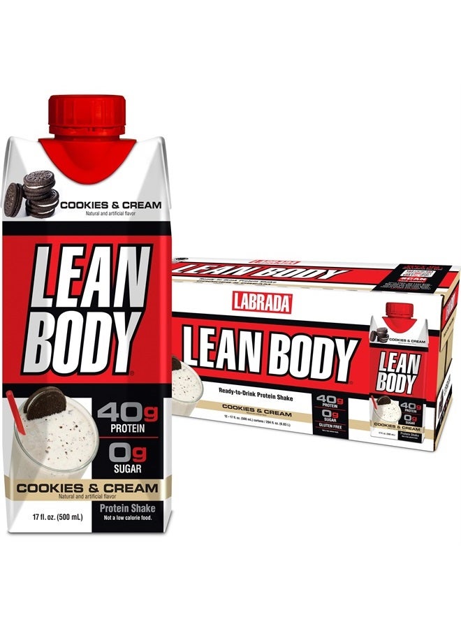 Lean Body Ready-to-Drink Cookies and Cream Protein Shake, 40g Protein, Whey Blend , 0 Sugar, Gluten No, 22 Vitamins & Minerals, (Recyclable Carton & Lid - Pack of 12) LABRADA , 17 Fl Oz (Pack of 12)