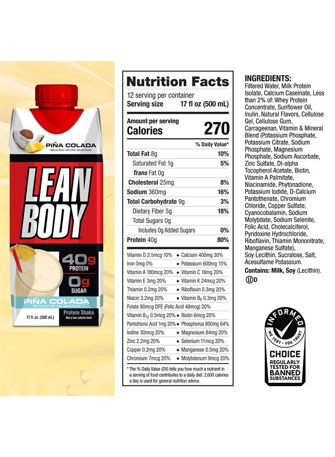 Lean Body Ready-to-Drink Pina Colada Protein Shake, 40g Protein, Whey Blend, 0 Sugar, Gluten Free, 22 Vitamins & Minerals, 17 Fl Oz (Pack of 12)