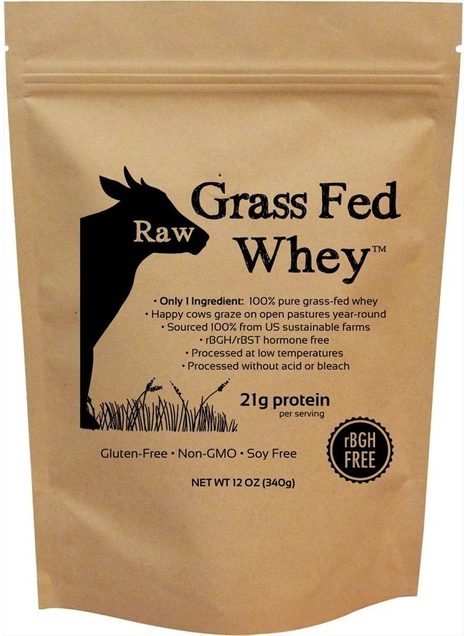 Raw Grass Fed Whey - Happy Healthy Cows, COLD PROCESSED Undenatured 100% Grass Fed Whey Protein Powder, GMO-Free + rBGH Free + Soy Free + Gluten Free + No Added Sugar, Unflavored, Unsweetened (12 OZ)