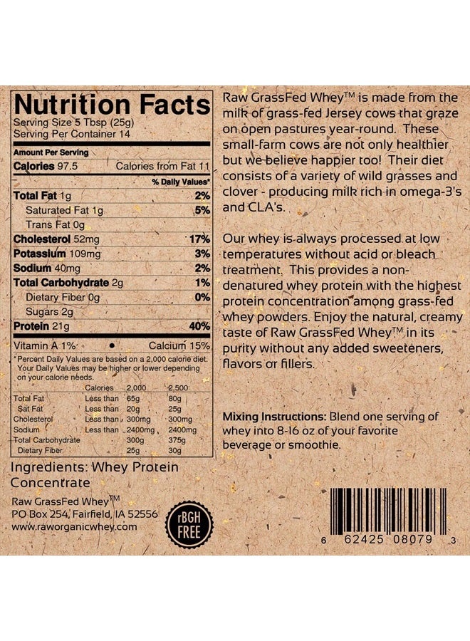 Raw Grass Fed Whey - Happy Healthy Cows, COLD PROCESSED Undenatured 100% Grass Fed Whey Protein Powder, GMO-Free + rBGH Free + Soy Free + Gluten Free + No Added Sugar, Unflavored, Unsweetened (12 OZ)