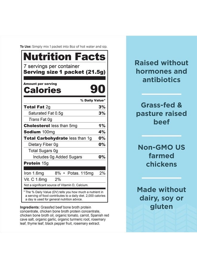 Bone Broth Protein Powder, Chicken Soup, Grass-Fed Chicken and Beef Bone Broth Powder, 15g Protein Per Serving, Supports a Healthy Gut, 15 Servings