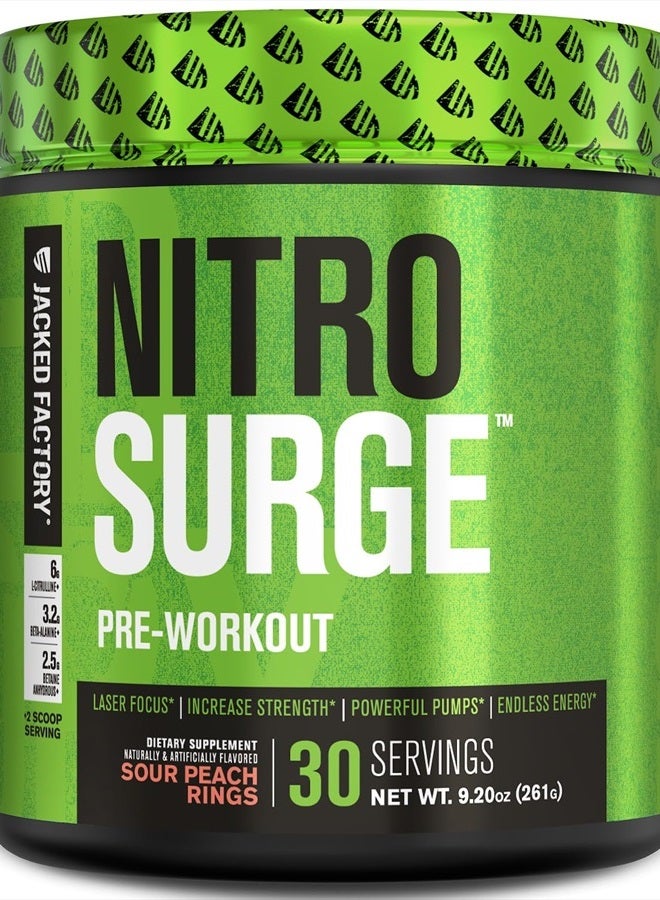 NITROSURGE Pre Workout Supplement - Endless Energy, Instant Strength Gains, Clear Focus, Intense Pump - NO Booster & Preworkout Powder with Beta Alanine - 30 Servings, Sour Peach Rings
