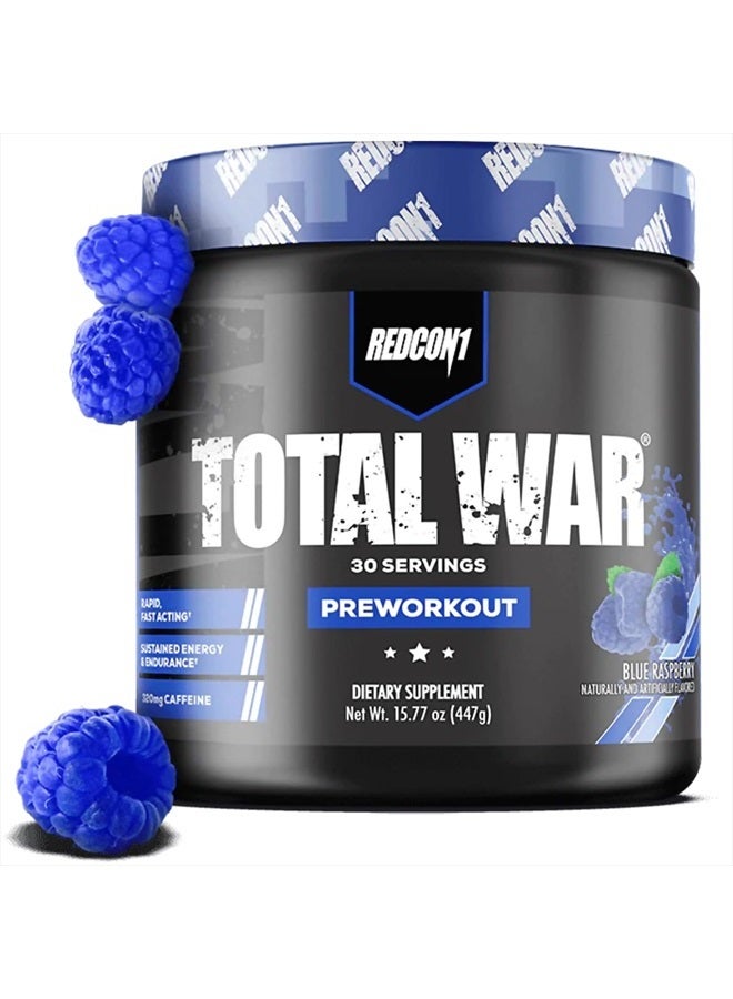 Total War Pre Workout Powder, Blue Raspberry - Beta Alanine + Citrulline Malate Keto Friendly Preworkout for Men & Women with 320mg of Caffeine - Fast Acting (30 Servings)