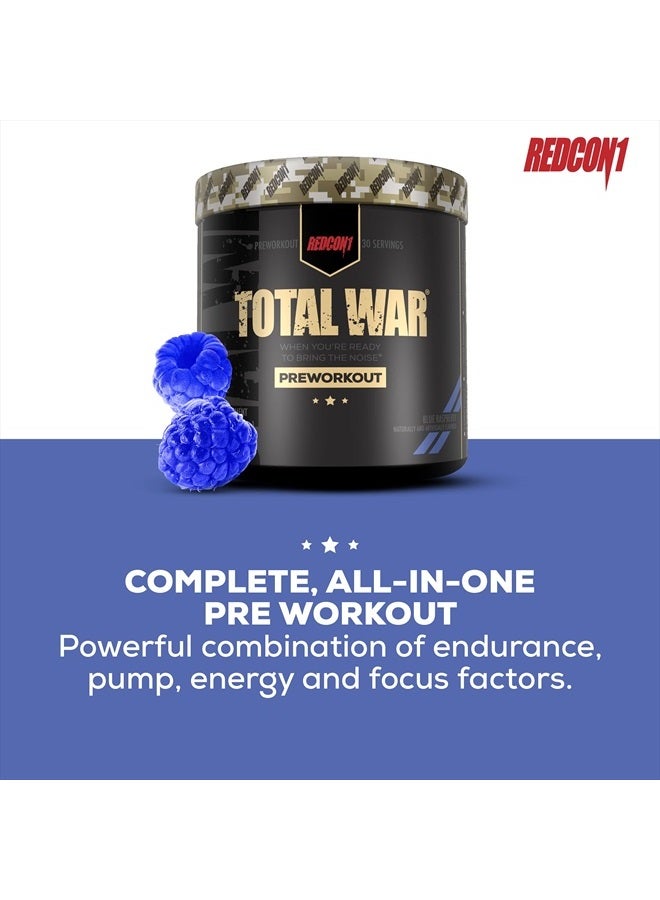 Total War Pre Workout Powder, Blue Raspberry - Beta Alanine + Citrulline Malate Keto Friendly Preworkout for Men & Women with 320mg of Caffeine - Fast Acting (30 Servings)