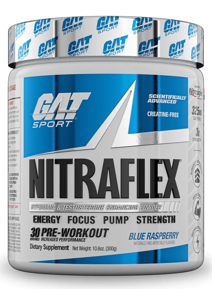 GAT Sport Nitraflex Hyperemia & Testosterone Enhancing Powder, Blue Raspberry Flavor, 300g