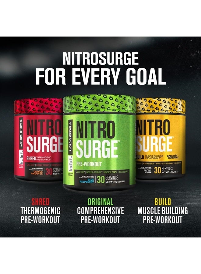 NITROSURGE Pre Workout Supplement - Energy Booster, Instant Strength Gains, Clear Focus & Intense Pumps - NO Booster & Powerful Preworkout Energy Powder - 30 Servings, Blue Raspberry