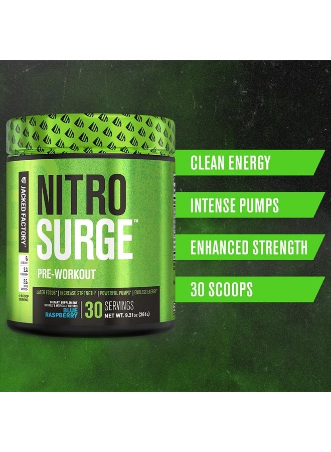 NITROSURGE Pre Workout Supplement - Energy Booster, Instant Strength Gains, Clear Focus & Intense Pumps - NO Booster & Powerful Preworkout Energy Powder - 30 Servings, Blue Raspberry