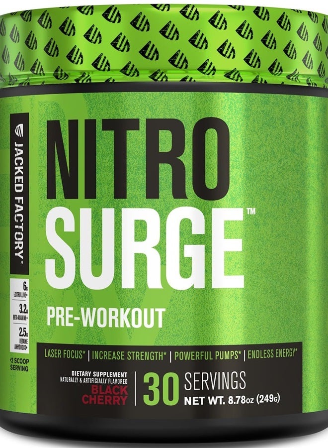 NITROSURGE Pre Workout Supplement - Endless Energy, Instant Strength Gains, Clear Focus and Intense Pumps - NO Booster & Powerful Preworkout Energy Powder - 30 Servings, Black Cherry