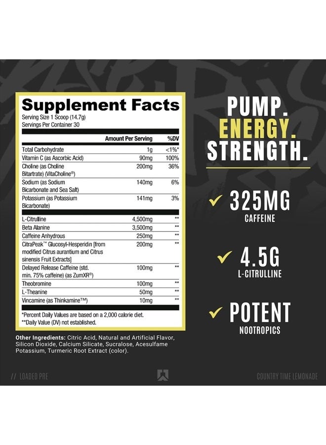 Loaded Pre Workout Powder Supplement for Men & Women | Pumps, Energy, Focus | Beta Alanine + Citrulline | 325mg Caffeine | 30 Servings (Country Time Leonade)