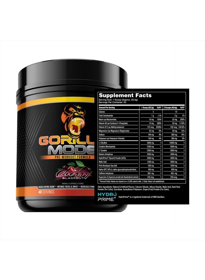 Gorilla Mode Pre Workout - Massive Pumps · Laser Focus · Energy · Power - L-Citrulline, Creatine, L-Tyrosine, Betaine, Hydroprime®, Alpha-GPC, 400mg Caffeine, Huperzine A - 812g (Cherry)