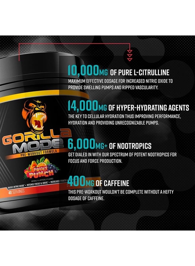 Gorilla Mode Pre Workout - Massive Pumps · Laser Focus · Energy · Power - L-Citrulline, Creatine, L-Tyrosine, Betaine, Hydroprime®, Alpha-GPC, 400mg Caffeine, Huperzine A - 812g (Cherry)