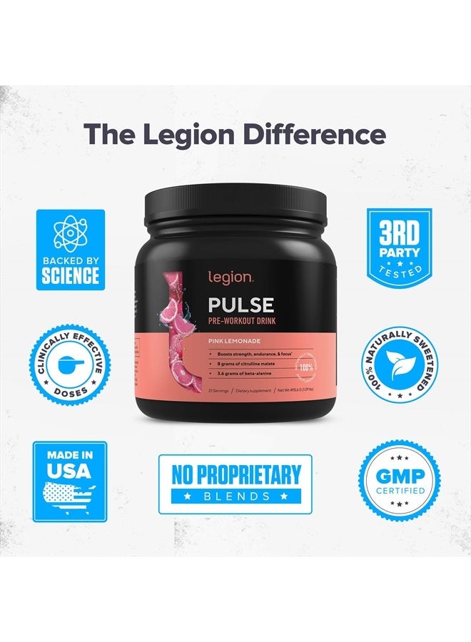 Pulse Pre Workout Supplement - All Natural Nitric Oxide Preworkout Drink to Boost Energy, Creatine Free, Naturally Sweetened, Beta Alanine, Citrulline, Alpha GPC (Pink Lemonade)