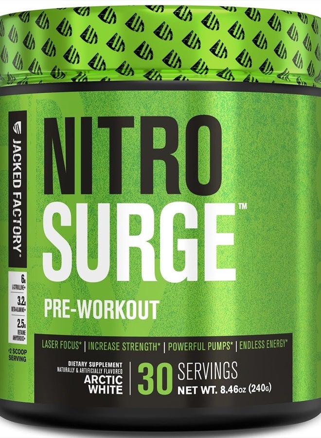 NITROSURGE Pre Workout Supplement - Endless Energy, Instant Strength Gains, Clear Focus, Intense Pumps - NO Booster & Powerful Preworkout Energy Powder - 30 Servings, Arctic White