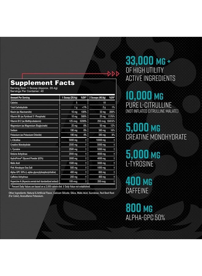 Gorilla Mode Pre Workout - Massive Pumps · Laser Focus · Energy · Power - L-Citrulline, Creatine, L-Tyrosine, Betaine, Hydroprime®, Alpha-GPC, 400mg Caffeine, Huperzine A - 800g (Tigers Blood)