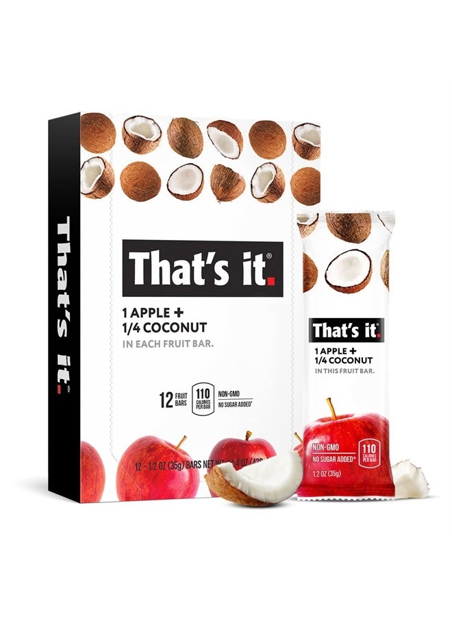 Apple + Coconut 100% Natural Real Fruit Bar, Best High Fiber Vegan, Gluten Free Healthy Snack, Paleo for Children & Adults, Non GMO No Added Sugar, No Preservatives Energy Food (12 Pack)