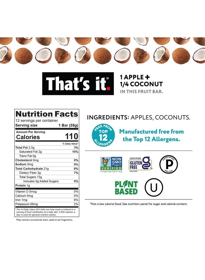 Apple + Coconut 100% Natural Real Fruit Bar, Best High Fiber Vegan, Gluten Free Healthy Snack, Paleo for Children & Adults, Non GMO No Added Sugar, No Preservatives Energy Food (12 Pack)