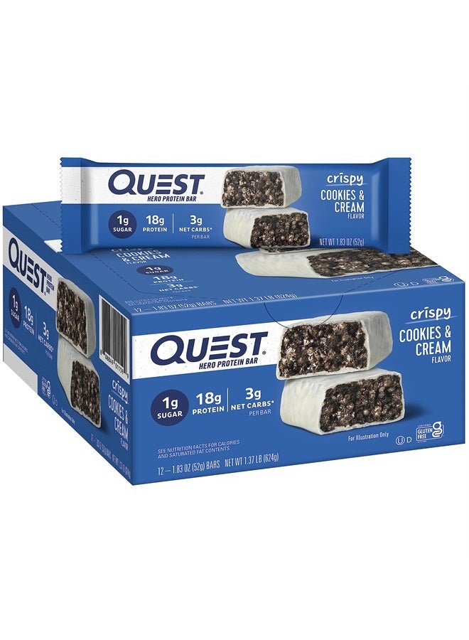 Crispy Cookies & Cream Hero Protein Bar, 18g Protein, 1g Sugar, 3g Net Carb, Gluten Free, Keto Friendly, 12 Count